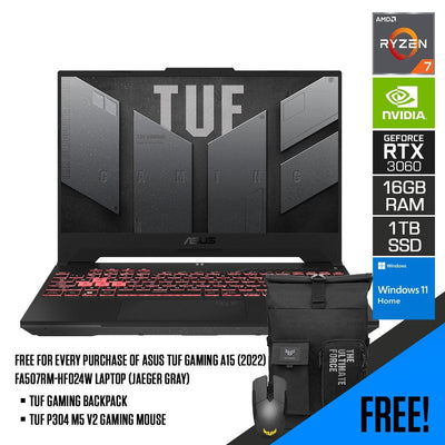 ASUS TUF Gaming A15 (2022) FA507RM-HF024W Laptop (Jaeger Gray) | 15.6" FHD | AMD Ryzen™ 7 6800H | 16GB DDR5 | 1TB SSD | RTX™ 3060 | Windows 11 Home | TUF Gaming Backpack | ASUS TUF P304 M5 V2 Gaming Mouse