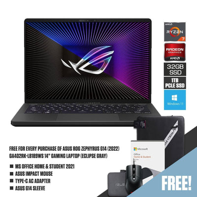 ASUS ROG Zephyrus G14 (2022) GA402RK-L8189WS Gaming Laptop (Eclipse Gray) | 14" QHD | Ryzen™ 7 6800HS | 32 GB DDR5 | 1TB SSD |  RX 6800S | Windows 11 Home |  MS Office H&S 2021 | G14 Sleeve (2022) | Mouse | Type-C AC Adapter