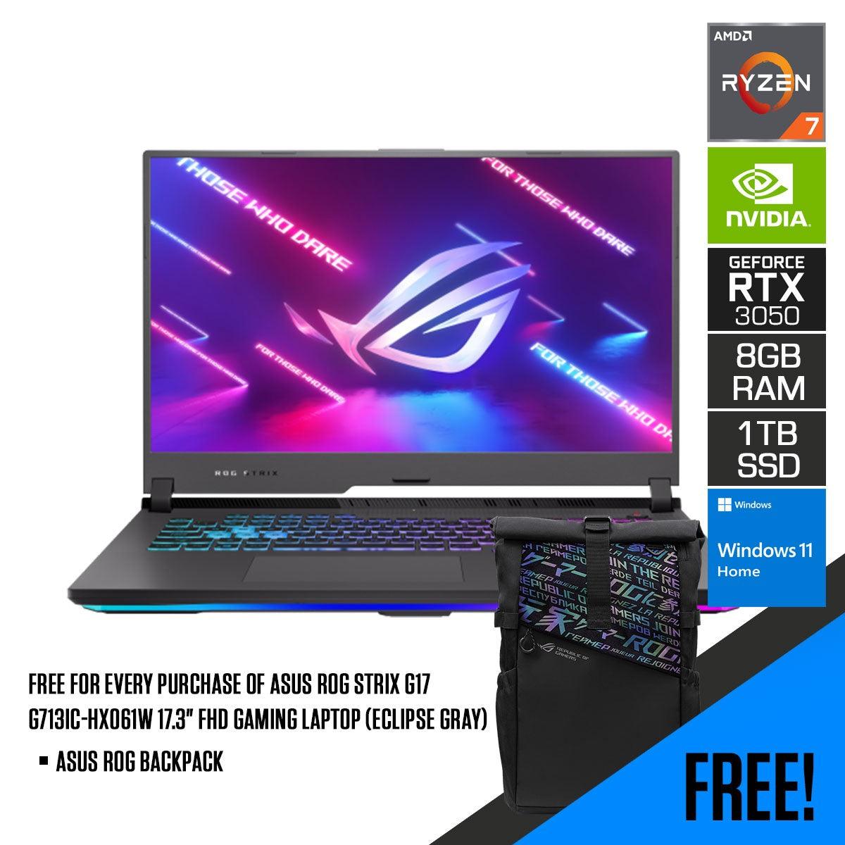 ASUS ROG Strix G17 G713IC-HX061W Gaming Laptop (Eclipse Gray) | 17.3" FHD | AMD Ryzen™ 7 4800H | 8GB DDR4 | 1TB SSD | RTX™ 3050 | Windows 11 Home | ROG Backpack