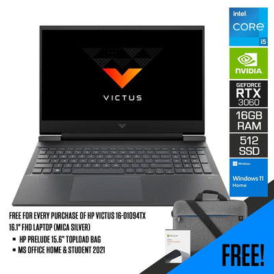 HP VICTUS 16-D1094TX Laptop (Mica Silver) | 16.1” FHD | i5-12500H | 16 GB DDR5 | 512 GB SSD | RTX™ 3060 | Windows 11 Home | MS Office Home & Student 2021 | HP Prelude 15.6” Topload Bag
