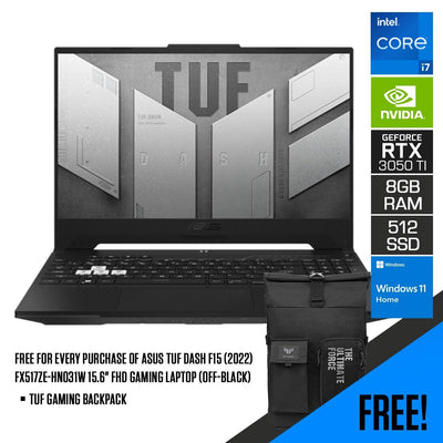 ASUS TUF Dash F15 (2022) FX517ZE-HN031W Gaming Laptop (Off Black) | 15.6” FHD | i7-12650H | 8GB DDR5 | 512GB SSD | RTX™ 3050 Ti | Windows 11 Home | TUF Gaming Backpack