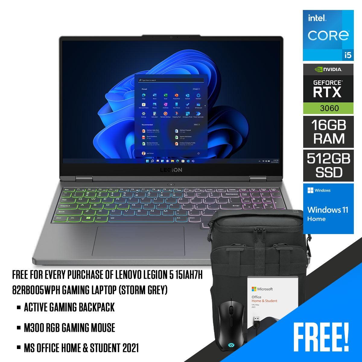 Lenovo Legion 5 15IAH7H 82RB005WPH Gaming Laptop (Storm Grey) | 15.6”  WQHD |  i5-12500H | 16 GB DDR5 | 512 GB SSD | RTX 3060 | Windows 11 Home | MS Office H&S 2021 | M300 RGB Gaming Mouse | Active Gaming Backpack
