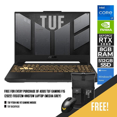 ASUS TUF Gaming F15 (2022) FX507ZM-HN073W Laptop (Mecha Grey) | 15.6" FHD | i7-12700H | 8GB DDR5 | 512 SSD | RTX 3060| Windows 11 Home + TUF P304 M5 V2 Gaming Mouse + TUF Backpack