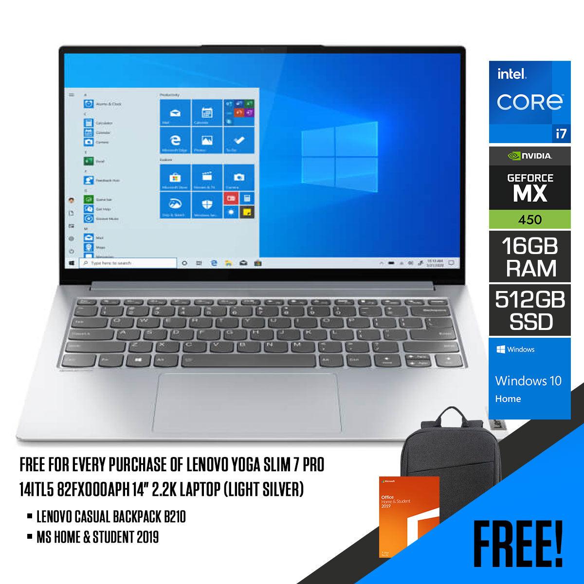 Lenovo Yoga Slim 7 Pro 14ITL5 82FX000APH Laptop (Light Silver) | 14" 2.2K | i7-1165G7 | 16GB RAM | 512GB SSD | GeForce MX450 | Windows 10 Home | MS Office H&S 2019 | Lenovo Casual Backpack B210