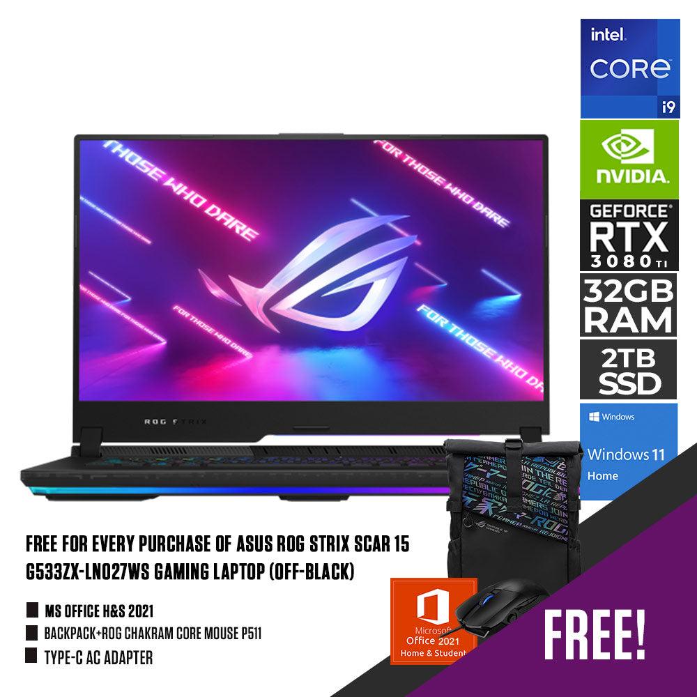 Asus Rog Strix Scar 15 G533ZX-LN027WS Gaming Laptop (Off-Black) | 15.6” WQHD | i9-12900H | 32GB DDR5 | 2TB SSD | Win11 +MS Office H&S 2021+Backpack+Rog Chakram Core Mouse P511+Type-C Ac Adapter