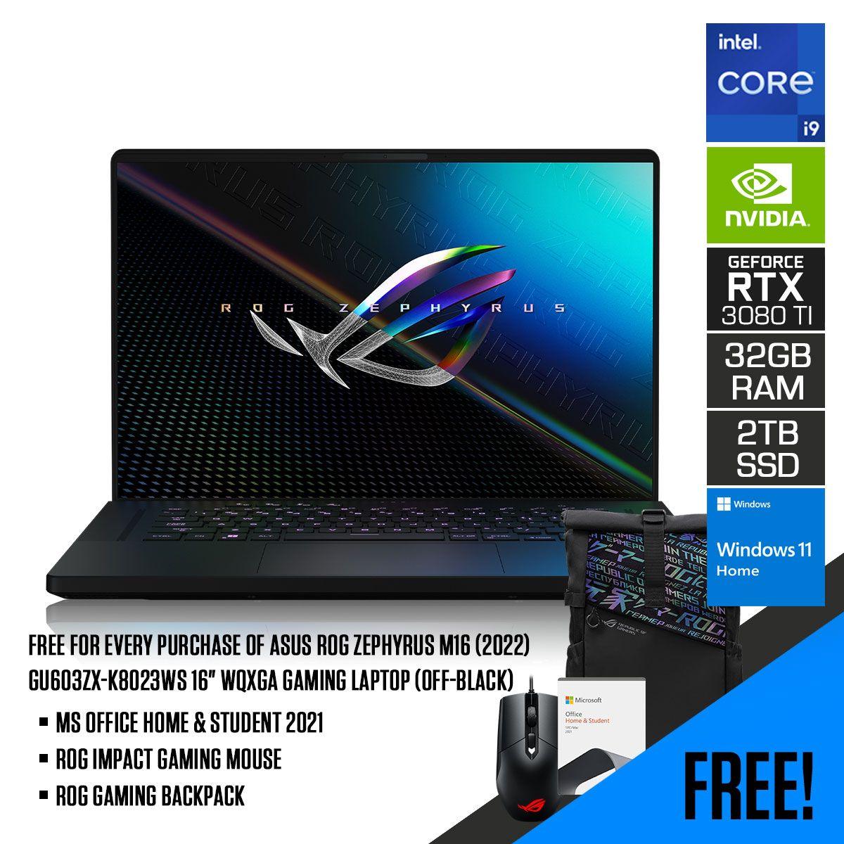 Asus ROG Zephyrus M16 (2022) GU603ZX-K8023WS Gaming Laptop (Off-Black) | 16" QHD | i9-12900H | 32GB RAM | 2TB M.2 SSD | RTX 3080 Ti | Windows 11 Home | MS Office H&S 2021 | ROG Backpack | ROG Impact Gaming Mouse