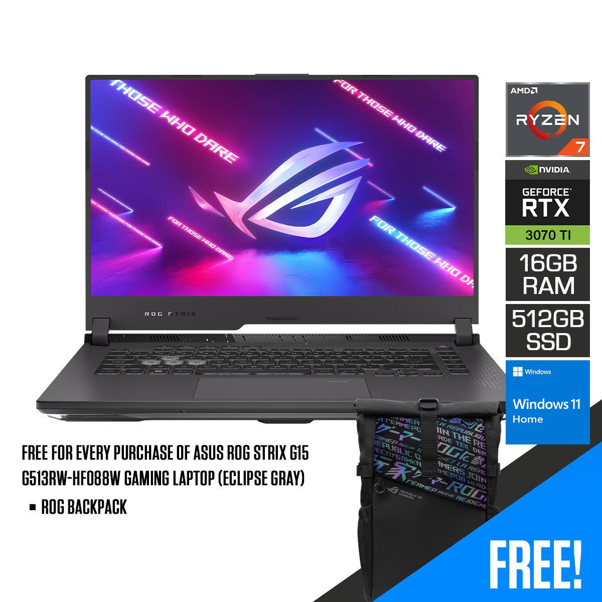 ASUS ROG Strix G15 G513RW-HF088W Gaming Laptop (Eclipse Gray) | 15.6" FHD | Ryzen™ 7 6800H | 16GB DDR5 | 512 GB SSD | RTX™ 3070 TI | Windows 11 Home | ROG Backpack