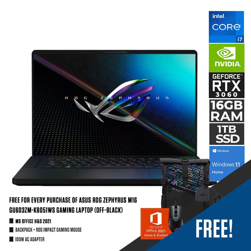 Asus Rog Zephyrus M16 GU603ZM-K8051WS Gaming Laptop (Off-Black) | 16” WQXGA | i7-12700H | 16GB DDR5 | 1TB SSD | RTX 3060 | WIN11 + MS Office H&S 2021 + Backpack + ROG Impact Gaming Mouse + 100w AC Adapter