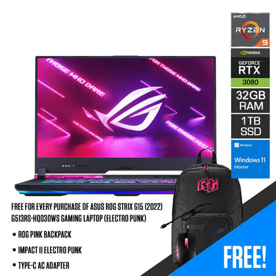 Asus ROG Strix G15 (2022) G513RS-HQ030WS Gaming Laptop (Electro Punk) | 15.6” WQHD | Ryzen 9 6900HX | 32GB RAM | 1TB M.2 SSD | RTX 3080 | Windows 11 Home | ROG Pink Backpack | Impact II Electro Punk | Type-C AC Adapter