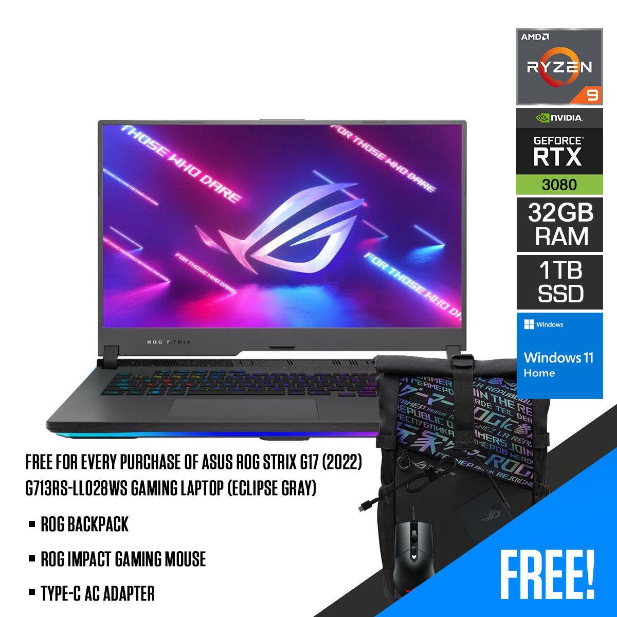 ASUS ROG Strix G17 (2022) G713RS-LL028WS Gaming Laptop (Eclipse Gray) | 17”  WQHD | Ryzen™ 9 6900HX | 32GB DDR5 | 1TB SSD | RTX™ 3080 | Windows 11 Home | ROG Backpack | ROG Impact Gaming Mouse | Type-C AC Adapter