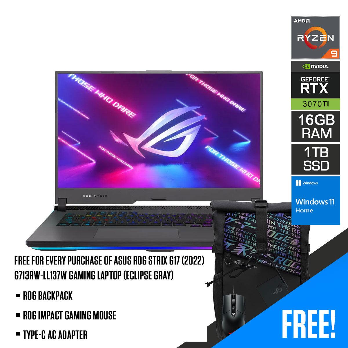 ASUS ROG Strix G17 (2022) G713RW-LL137W Gaming Laptop (Eclipse Gray) | 17” WQHD | AMD Ryzen™ 9 6900HX | 16GB DDR5 | 1TB SSD | RTX™ 3070 Ti | Windows 11 Home | ROG Backpack | ROG Impact Gaming Mouse | Type-C AC Adapter
