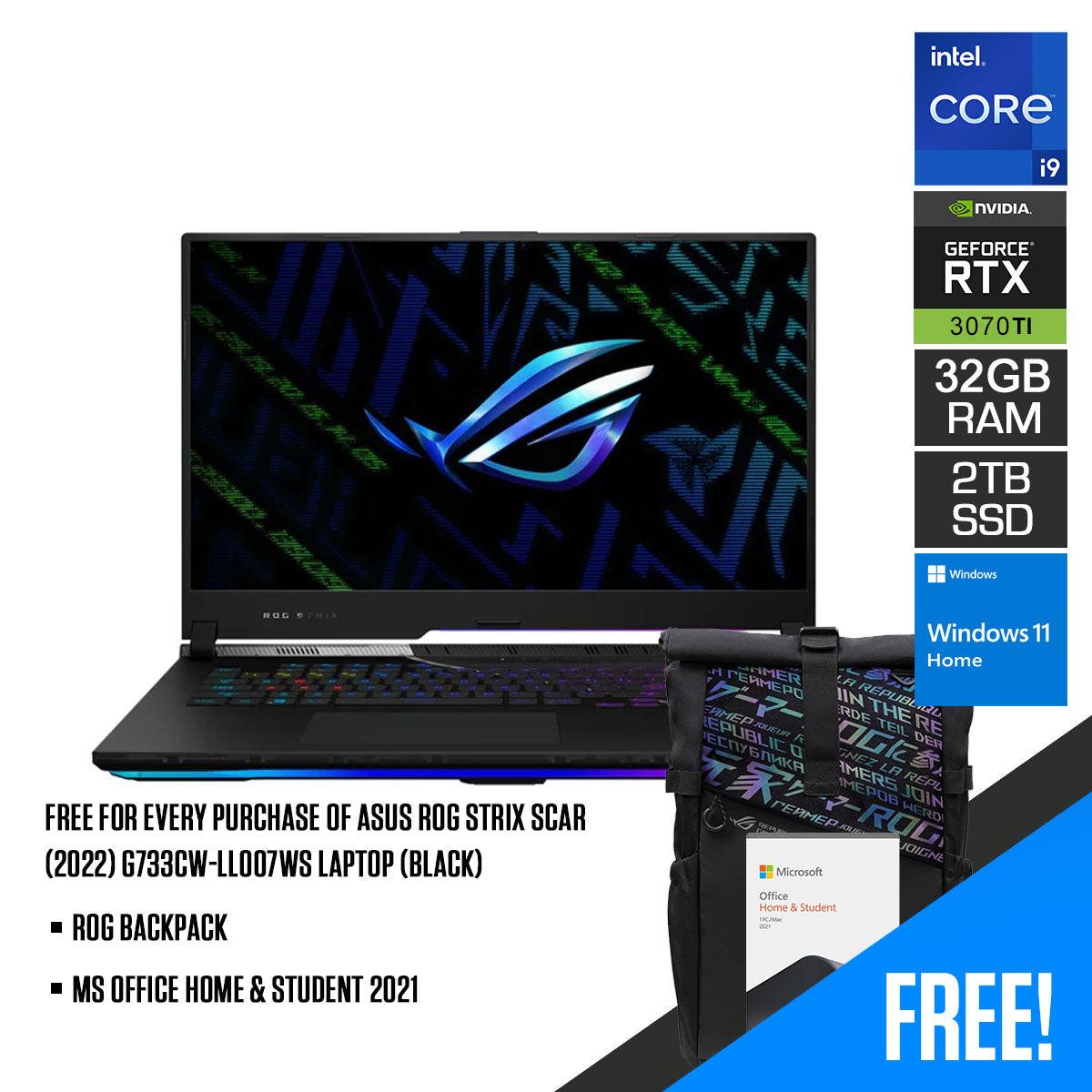 Asus ROG Strix Scar (2022) G733CW-LL007WS Laptop (Black) | 17" WQHD | i9-12950HX | 32GB RAM | 2TB M.2 SSD | RTX 3070 Ti | Windows 11 Home | MS Office Home & Student 2021 | ROG Backpack