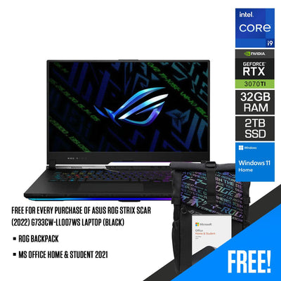 Asus ROG Strix Scar (2022) G733CW-LL007WS Laptop (Black) | 17" WQHD | i9-12950HX | 32GB RAM | 2TB M.2 SSD | RTX 3070 Ti | Windows 11 Home | MS Office Home & Student 2021 | ROG Backpack