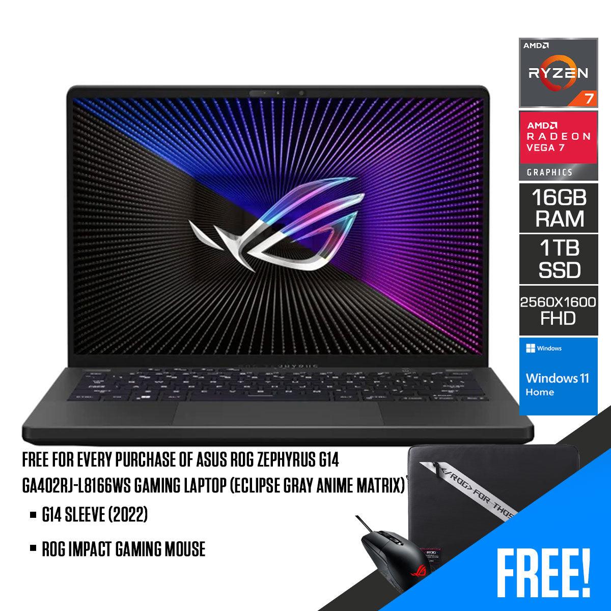 ASUS ROG Zephyrus G14 GA402RJ-L8166WS Gaming Laptop (Eclipse Gray Anime Matrix) | 14" QHD (2560 x 1600) | Ryzen 7 6800HS | 16 GB DDR5 | 1TB SSD | AMD Radeon RX 6700S | Windows 11 Home |  G14 Sleeve (2022) | ROG Impact Gaming Mouse