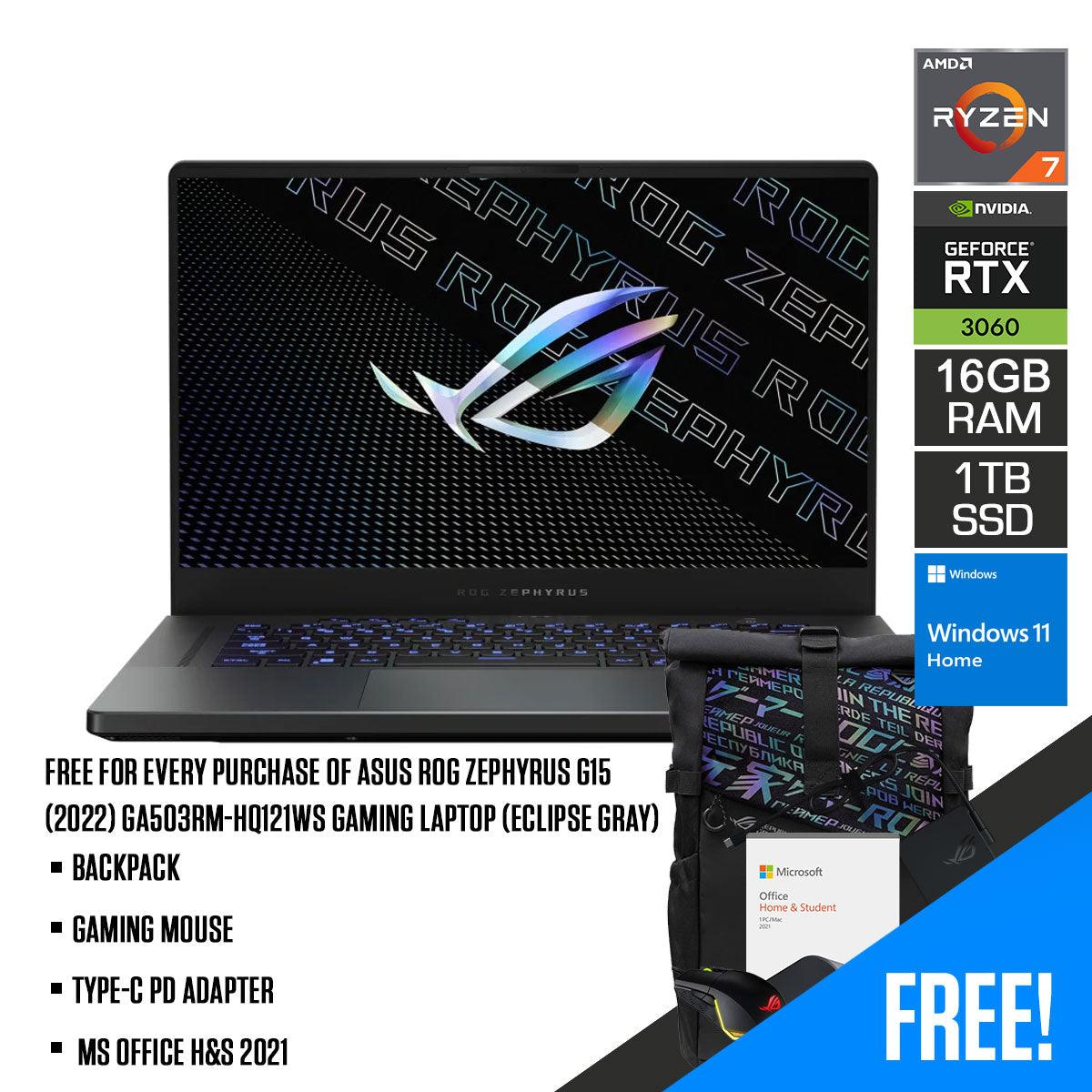 ASUS ROG Zephyrus G15 (2022) GA503RM-HQ121WS  Gaming Laptop (Eclipse Gray) | 15.6" WQHD | Ryzen™ 7 6800HS | 16GB DDR5 | 1TB SSD | RTX™ 3060 | Windows 11 Home | MS Office H&S 2021 | Backpack | Gaming Mouse | Type-C PD Adapter