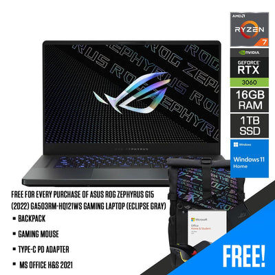 ASUS ROG Zephyrus G15 (2022) GA503RM-HQ121WS  Gaming Laptop (Eclipse Gray) | 15.6" WQHD | Ryzen™ 7 6800HS | 16GB DDR5 | 1TB SSD | RTX™ 3060 | Windows 11 Home | MS Office H&S 2021 | Backpack | Gaming Mouse | Type-C PD Adapter
