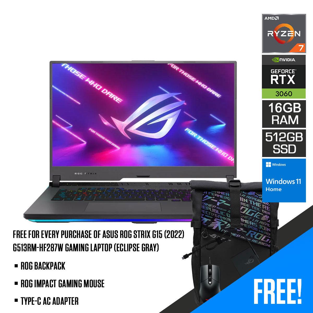ASUS ROG Strix G15 (2022) G513RM-HF287W Gaming Laptop (Eclipse Gray) | 15.6" FHD | Ryzen™ 7 6800H | 16GB DDR5 | 512 GB SSD | RTX™ 3060 | Windows 11 Home | ROG Backpack | ROG Impact Gaming Mouse | Type-C AC Adapter