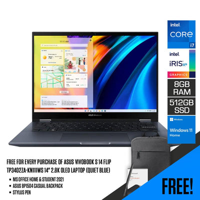 Asus Vivobook S 14 Flip TP3402ZA-KN111WS Laptop (Quiet Blue) | 14”  2.8K Oled | i7-12700H | 8GB RAM DDR4 | 512 GB SSD | Iris Xᵉ Graphics | Windows 11 Home | MS Office Home & Student 2021 | Stylus Pen | Asus BP1504 Casual Backpack