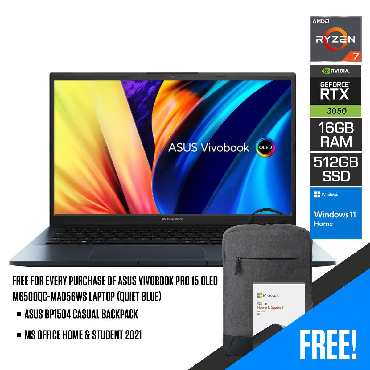Asus Vivobook Pro 15 OLED M6500QC-MA056WS Laptop (Quiet Blue) | 15.6” 2.8K | Ryzen 7 5800H | 16GB RAM | 512GB SSD | RTX 3050 | Windows 11 Home | MS Office H&S 2021 | Asus BP1504 Casual Backpack