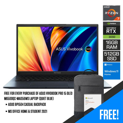 Asus Vivobook Pro 15 OLED M6500QC-MA056WS Laptop (Quiet Blue) | 15.6” 2.8K | Ryzen 7 5800H | 16GB RAM | 512GB SSD | RTX 3050 | Windows 11 Home | MS Office H&S 2021 | Asus BP1504 Casual Backpack