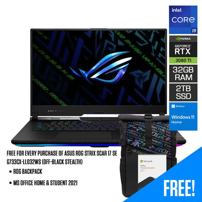 Asus ROG Strix Scar 17 SE G733CX-LL032WS (Off-Black Stealth) Gaming Laptop | 17.3” WQHD | i9-12950HX | 32GB RAM | 2TB SSD | RTX 3080 Ti | Windows 11 Home | MS Office Home & Student | ROG Backpack