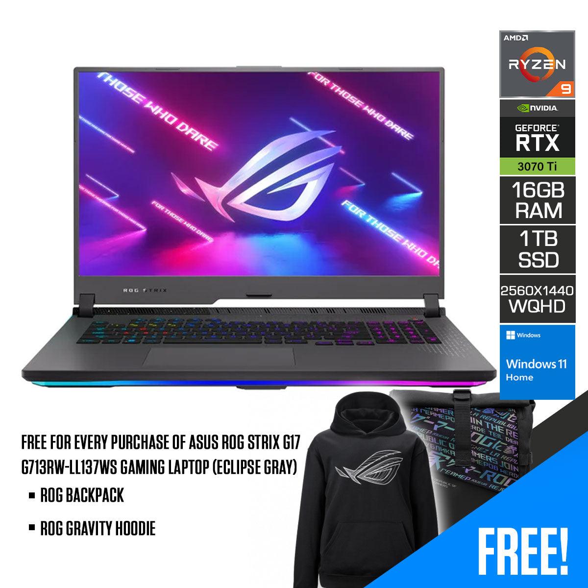 Asus ROG Strix G17 G713RW-LL137WS Gaming Laptop (Eclipse Gray) | 17”  WQHD | Ryzen™ 9 6900HX | 16 GB RAM DDR5 | 1TB SSD | RTX™ 3070 Ti | Windows 11 Home | ROG Backpack