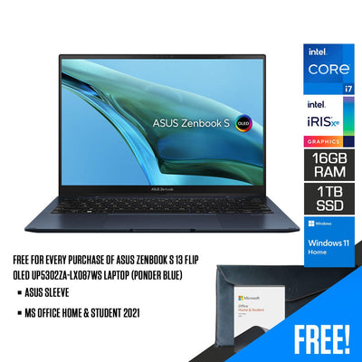 Asus Zenbook S 13 Flip Oled UP5302ZA-LX087WS Laptop (Ponder Blue) | 13.3" WQXGA | i7-1260P  | 16GB LPDDR5 | 1TB SSD | Intel® Iris Xe Graphics | Windows 11 Home | MS Office H&S 2021 | Asus Sleeve
