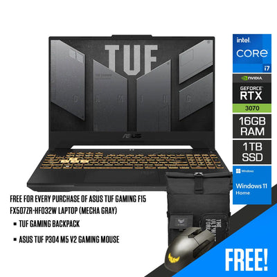ASUS TUF Gaming F15 FX507ZR-HF032W Laptop (Mecha Gray) | 15.6 FHD | i7-12700H | 16GB DDR5 | 1TB SSD | RTX 3070 | Windows 11 Home | TUF Gaming Backpack | ASUS TUF P304 M5 V2 Gaming Mouse