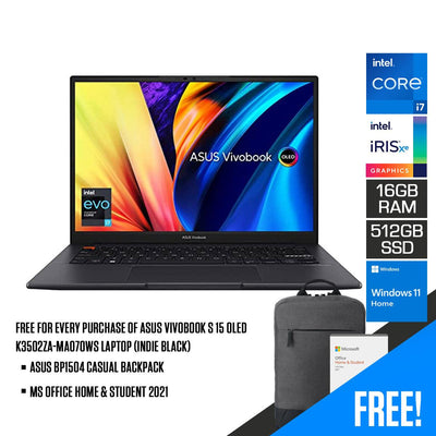 Asus Vivobook S 15 OLED K3502ZA-MA070WS Laptop (Indie Black) | 15.6" 2.8K | i7-12700H | 16GB RAM | 512GB SSD | Intel® Iris Xe Graphics | Windows 11 Home | MS Office Home & Student 2021 | Asus BP1504 Casual Backpack