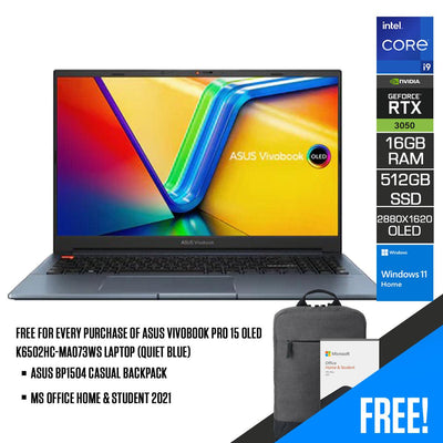 Asus Vivobook Pro 15 OLED K6502HC-MA073WS Laptop (Quiet Blue) | 15.6" 2.8K (2880 x 1620) | i9-11900H | 16GB RAM | 512GB SSD | RTX 3050 | Windows 11 Home | MS Office Home & Student 2021 | Asus BP1504 Casual Backpack