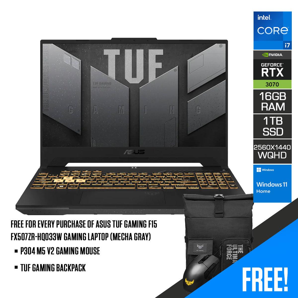 ASUS TUF Gaming F15 FX507ZR-HQ033W Gaming Laptop (Mecha Gray) | 15.6" WQHD (2560 x 1440) | i7-12700H | 16GB DDR5 | 1TB SSD | RTX™ 3070 | Windows 11 Home | Asus TUF P304 M5 V2 Gaming Mouse | TUF Gaming Backpack