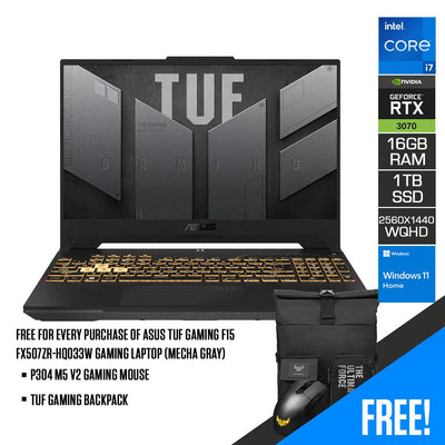 ASUS TUF Gaming F15 FX507ZR-HQ033W Gaming Laptop (Mecha Gray) | 15.6" WQHD (2560 x 1440) | i7-12700H | 16GB DDR5 | 1TB SSD | RTX™ 3070 | Windows 11 Home | Asus TUF P304 M5 V2 Gaming Mouse | TUF Gaming Backpack