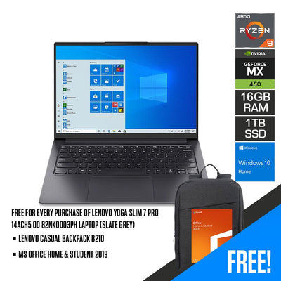 Lenovo Yoga Slim 7 Pro 14ACH5 OD 82NK0003PH Laptop (Slate Grey) | 14" OLED | Ryzen 9 5900HS | 16GB RAM | 1TB SSD | GeForce MX450 | Windows 10 Home | MS Office Home & Student 2019 | Lenovo Casual Backpack B210