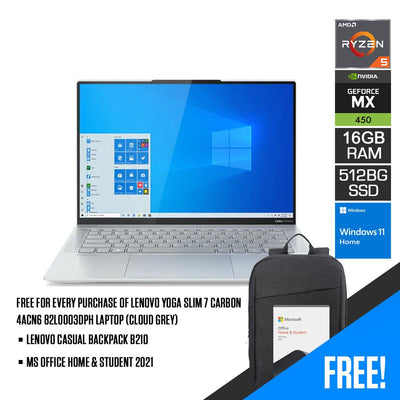 Lenovo Yoga Slim 7 Carbon 14ACN6 82L0003DPH Laptop (Cloud Grey) | 14”  2.8K Oled | Ryzen 5 5600U | 16 GB DDR4 | 512 GB SSD | MX450 | Windows 11 Home | MS Office Home & Student 2021 + Lenovo Casual Backpack B210