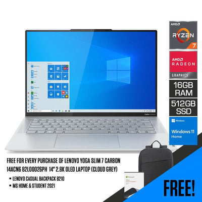 Lenovo Yoga Slim 7 Carbon 14ACN6 82L00026PH Laptop (Cloud Grey) | 14" 2.8K OLED | Ryzen 7 5800U | 16GB RAM | 512GB SSD | AMD Radeon Graphics | Windows 11 Home | MS Office H&S 2021 | Lenovo Casual Backpack B210