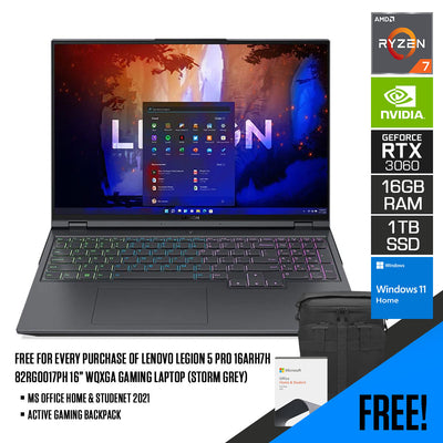 Lenovo Legion 5 Pro 16ARH7H 82RG0017PH Gaming Laptop (Storm Grey) | 16" WQXGA (2560x1600) | Ryzen 7 6800H | 16GB RAM | 1TB SSD | RTX 3060 | Windows 11 Home | MS Office H&S 2021 | Active Gaming Backpack (GX41C86982)