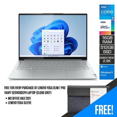 LENOVO Yoga Slim 7 Pro 14IAP7 82SV000CPH Laptop (Cloud Grey) | 14” 2.8K | i5-1240P | 16GB RAM | 512 GB SSD | Iris Xe Graphics | Windows 11 Home | MS Office Home & Student 2021 | LENOVO Yoga Sleeve
