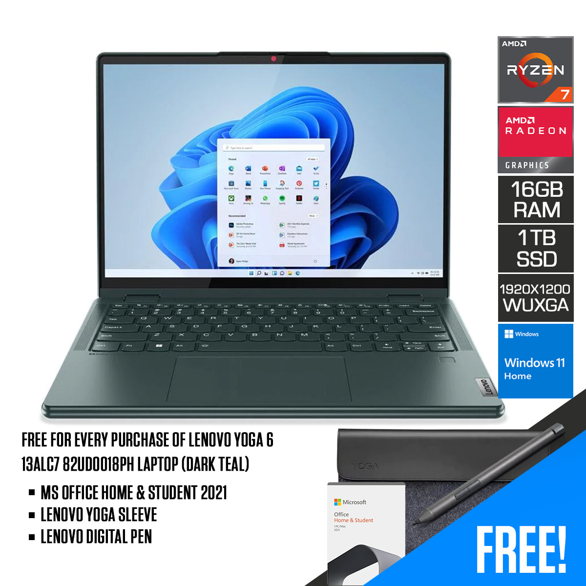 Lenovo Yoga 6 13ALC7 82UD0018PH Laptop (Dark Teal) | 13.3” Wuxga | Ryzen 7 5700U | 16GB RAM DDR4 | 1TB SSD | AMD Radeon Graphics | Windows 11 Home | MS Office Home & Student 2021 | Lenovo Digital Pen | Lenovo Yoga 14” Sleeve