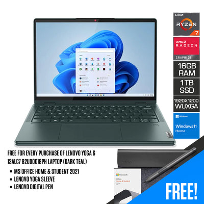 Lenovo Yoga 6 13ALC7 82UD0018PH Laptop (Dark Teal) | 13.3” Wuxga | Ryzen 7 5700U | 16GB RAM DDR4 | 1TB SSD | AMD Radeon Graphics | Windows 11 Home | MS Office Home & Student 2021 | Lenovo Digital Pen | Lenovo Yoga 14” Sleeve