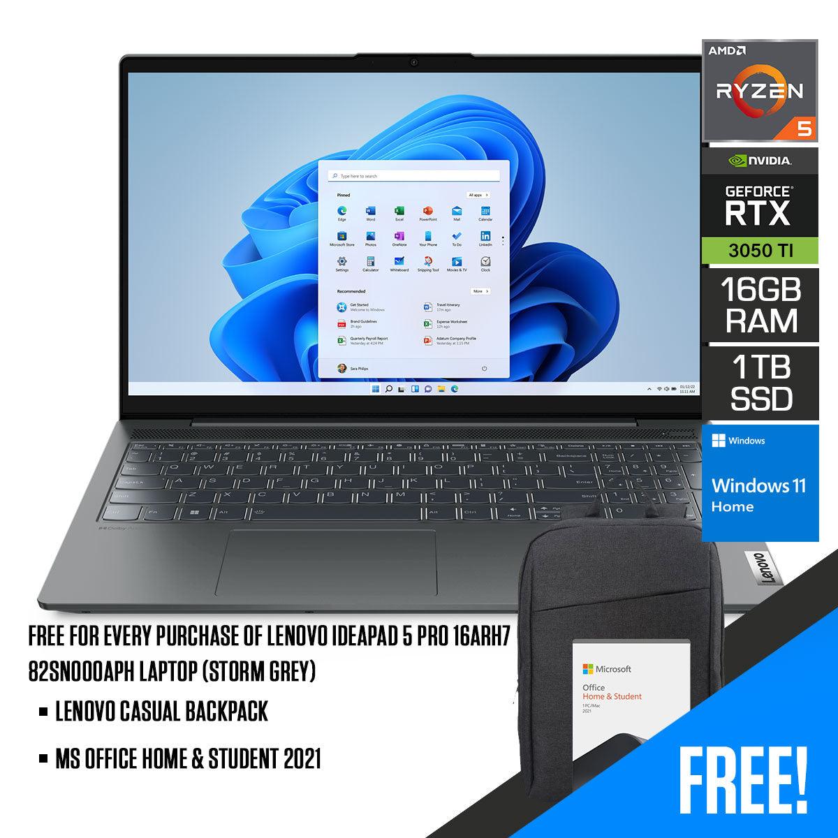Lenovo Ideapad 5 Pro 16ARH7 82SN000APH Laptop (Storm Grey) | 16”  2.5K | Ryzen 5 6600HS | 16GB RAM DDR5 | 1TB SSD | RTX 3050 Ti | Windows 11 Home | MS Office H&S 2021 | Lenovo Casual Backpack B210