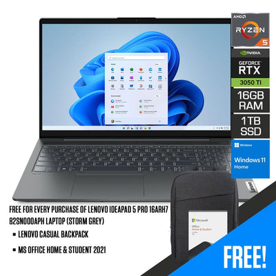 Lenovo Ideapad 5 Pro 16ARH7 82SN000APH Laptop (Storm Grey) | 16”  2.5K | Ryzen 5 6600HS | 16GB RAM DDR5 | 1TB SSD | RTX 3050 Ti | Windows 11 Home | MS Office H&S 2021 | Lenovo Casual Backpack B210