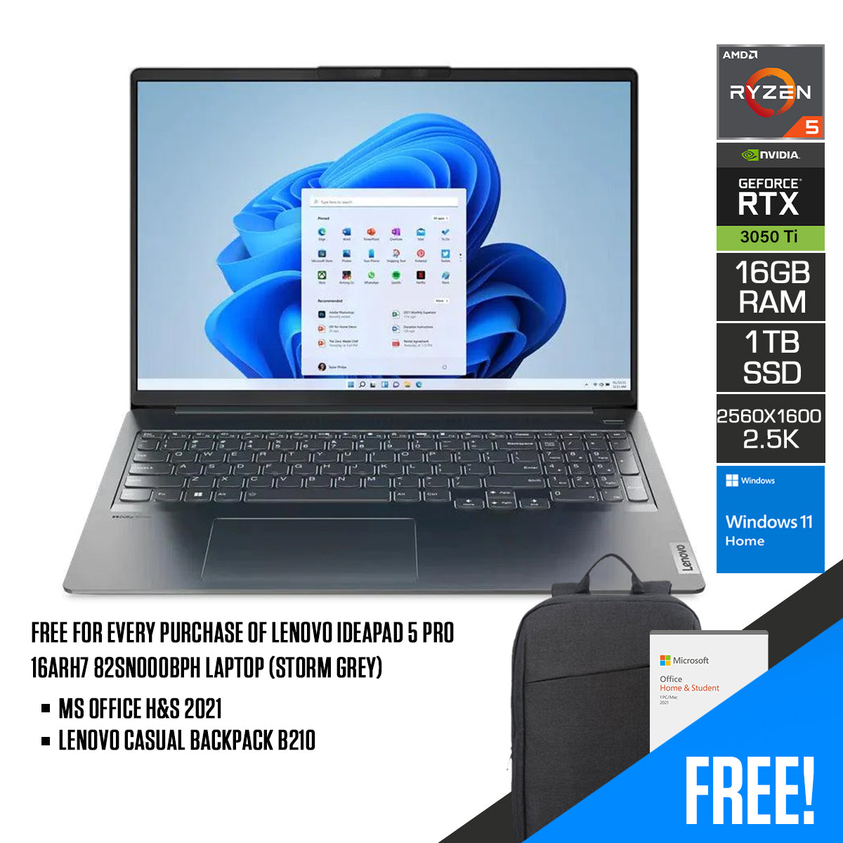 Lenovo Ideapad 5 Pro 16ARH7 82SN000BPH  Laptop (Storm Grey) | 16" 2.6k | Ryzen 5 6600HS | 16GB RAM DDR5 |1 TB SSD | RTX 3050 Ti | Windows 11 Home |  MS Office Home & Student 2021 + Lenovo Casual Backpack B210