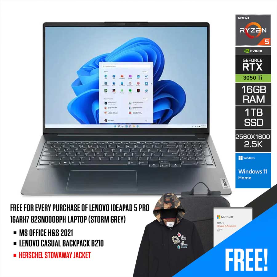 Lenovo Ideapad 5 Pro 16ARH7 82SN000BPH  Laptop (Storm Grey) | 16" 2.6k | Ryzen 5 6600HS | 16GB RAM DDR5 |1 TB SSD | RTX 3050 Ti | Windows 11 Home |  MS Office Home & Student 2021 + Lenovo Casual Backpack B210