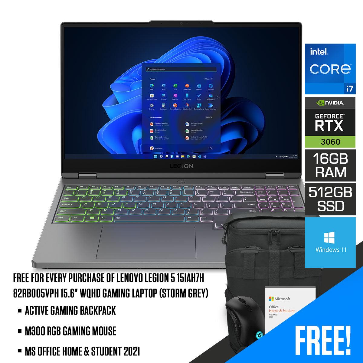 Lenovo Legion 5 15IAH7H 82RB005VPH 15.6" WQHD Gaming Laptop (Storm Grey) l 15.6" WQHD l i7-12700H l 16GB DDR5 l 512GB SSD l RTX 3060 l Windows 11 Home l MS Office Home & Student 2021 l M300 RGB Gaming Mouse l  Active Gaming Backpack
