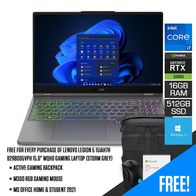 Lenovo Legion 5 15IAH7H 82RB005VPH 15.6" WQHD Gaming Laptop (Storm Grey) l 15.6" WQHD l i7-12700H l 16GB DDR5 l 512GB SSD l RTX 3060 l Windows 11 Home l MS Office Home & Student 2021 l M300 RGB Gaming Mouse l  Active Gaming Backpack