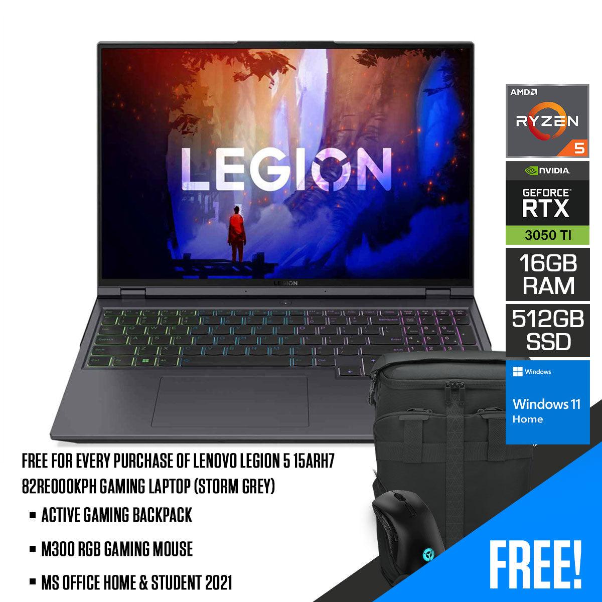 Lenovo Legion 5 15ARH7 82RE000KPH Gaming Laptop (Storm Grey) | 15.6" FHD  | Ryzen 5 6600H | 16 GB RAM DDR5 | 512 GB SSD | RTX 3050 Ti | Windows 11 Home | MS Office Home & Student 2021 | M300 RGB Gaming Mouse | Active Gaming Backpack