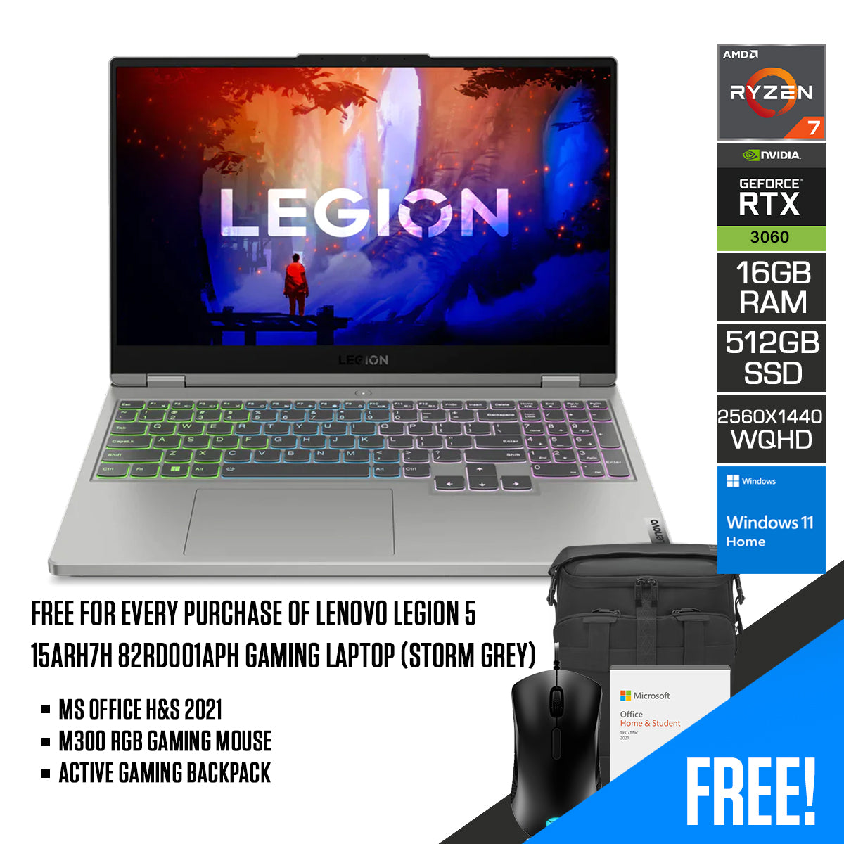 Lenovo Legion 5 15ARH7H 82RD001APH Gaming Laptop (Storm Grey) | 15.6” WQHD | Ryzen 7 6800H | 16GB RAM DDR5 | 512GB M.2 SSD | RTX 3060 | Windows 11 Home | MS Office H&S 2021 | M300 RGB Gaming Mouse | Active Gaming Backpack