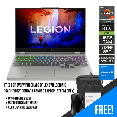 Lenovo Legion 5 15ARH7H 82RD001APH Gaming Laptop (Storm Grey) | 15.6” WQHD | Ryzen 7 6800H | 16GB RAM DDR5 | 512GB M.2 SSD | RTX 3060 | Windows 11 Home | MS Office H&S 2021 | M300 RGB Gaming Mouse | Active Gaming Backpack