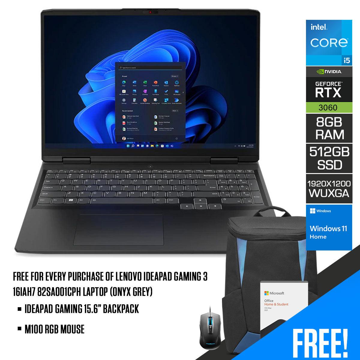 Lenovo Ideapad Gaming 3 16IAH7 82SA001CPH Laptop (Onyx Grey) | 16” WUXGA | i5-12500H | RTX 3060 | 8GB RAM DDR4 | 512 GB SSD | Windows 11 Home | MS Office H&S 2021 | M100 RGB Mouse | Ideapad Gaming 15.6”  Backpack