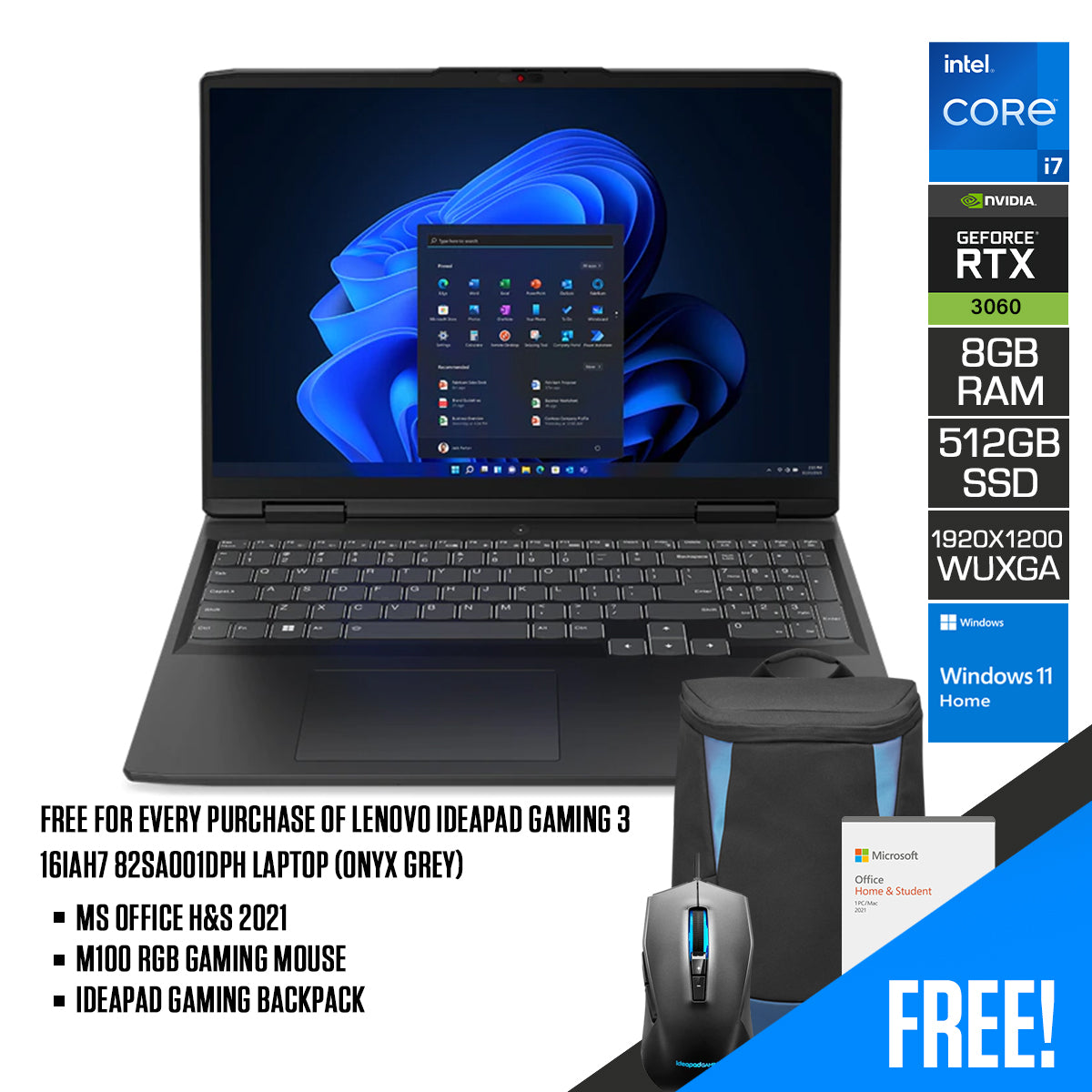 LENOVO Ideapad Gaming 3 16IAH7 82SA001DPH Laptop (Onyx Grey) |  16”  WUXGA | i7-12650H | 8 GB RAM DDR4 | 512 GB SSD | RTX 3060| Windows 11 Home | MS Office H&S 2021 | M100 RGB Gaming Mouse | Ideapad Gaming Backpack